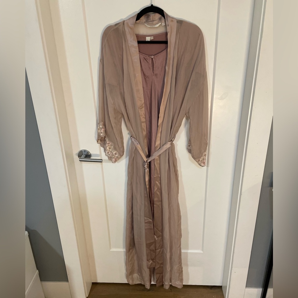 NK imode 100% silk Chemise and Robe Set Mauve Embroidery Floral Mesh L/XL